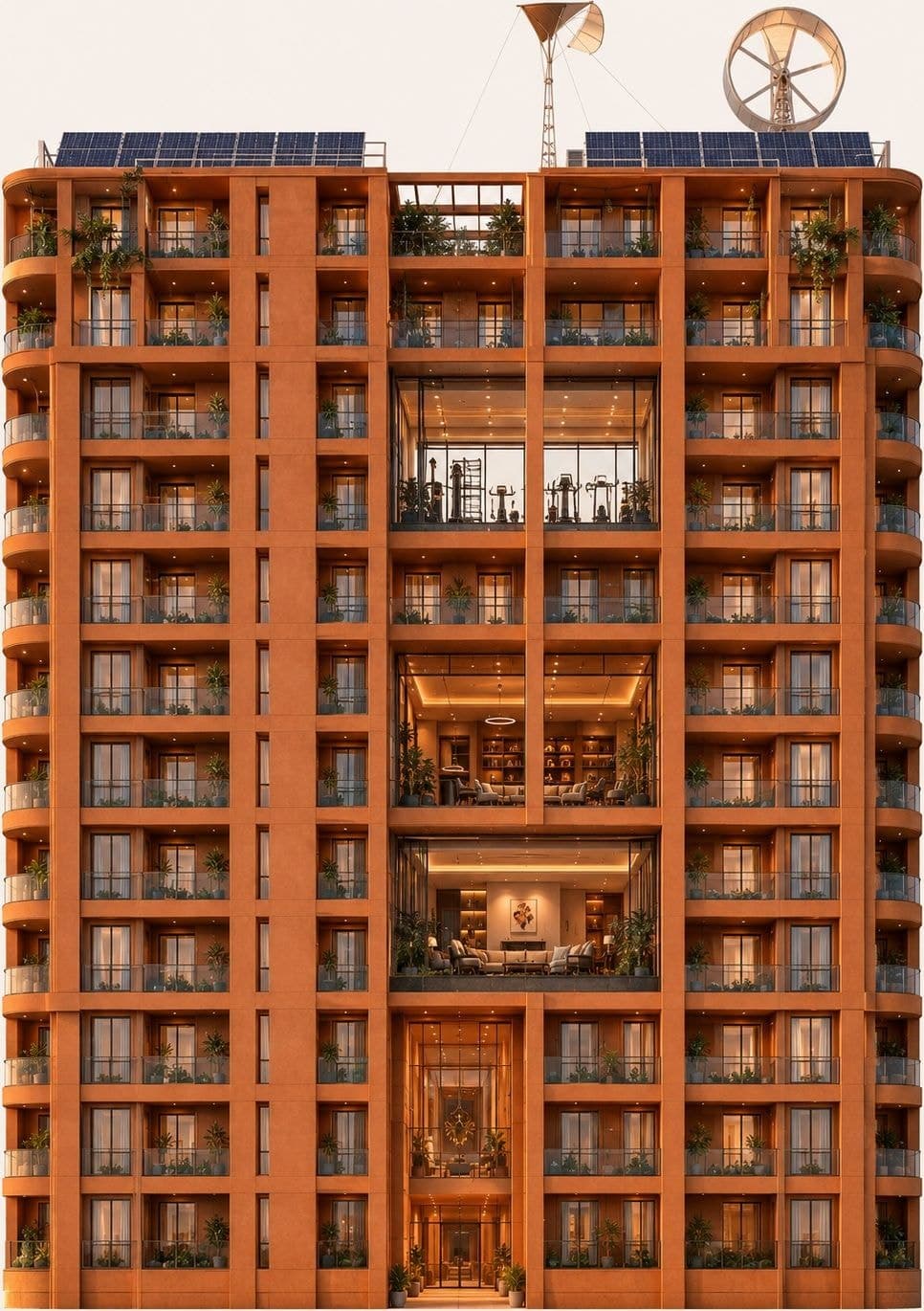 The lit façade of the two residential blocks at dusk