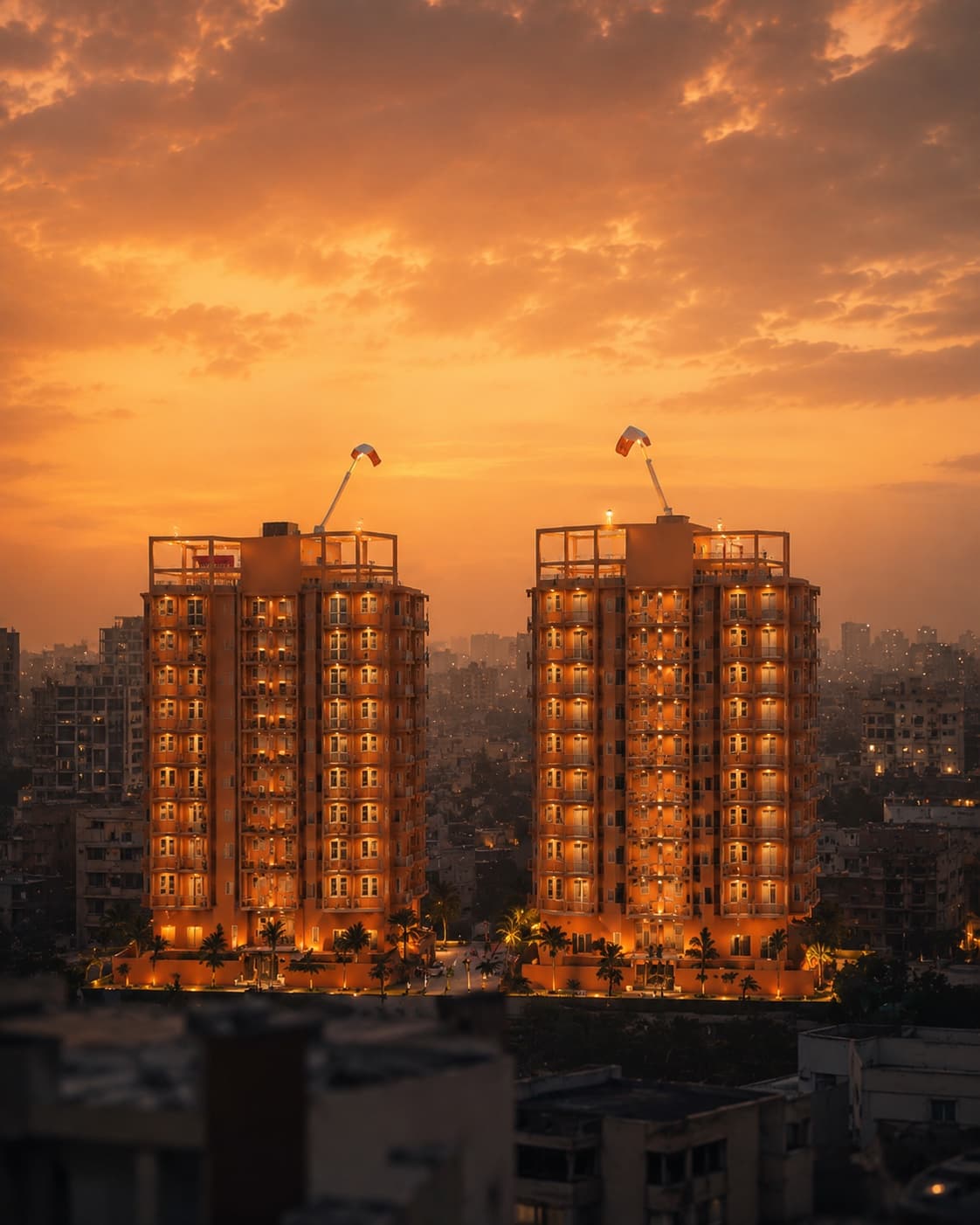 The two residential blocks glowing against a dramatic sunset sky