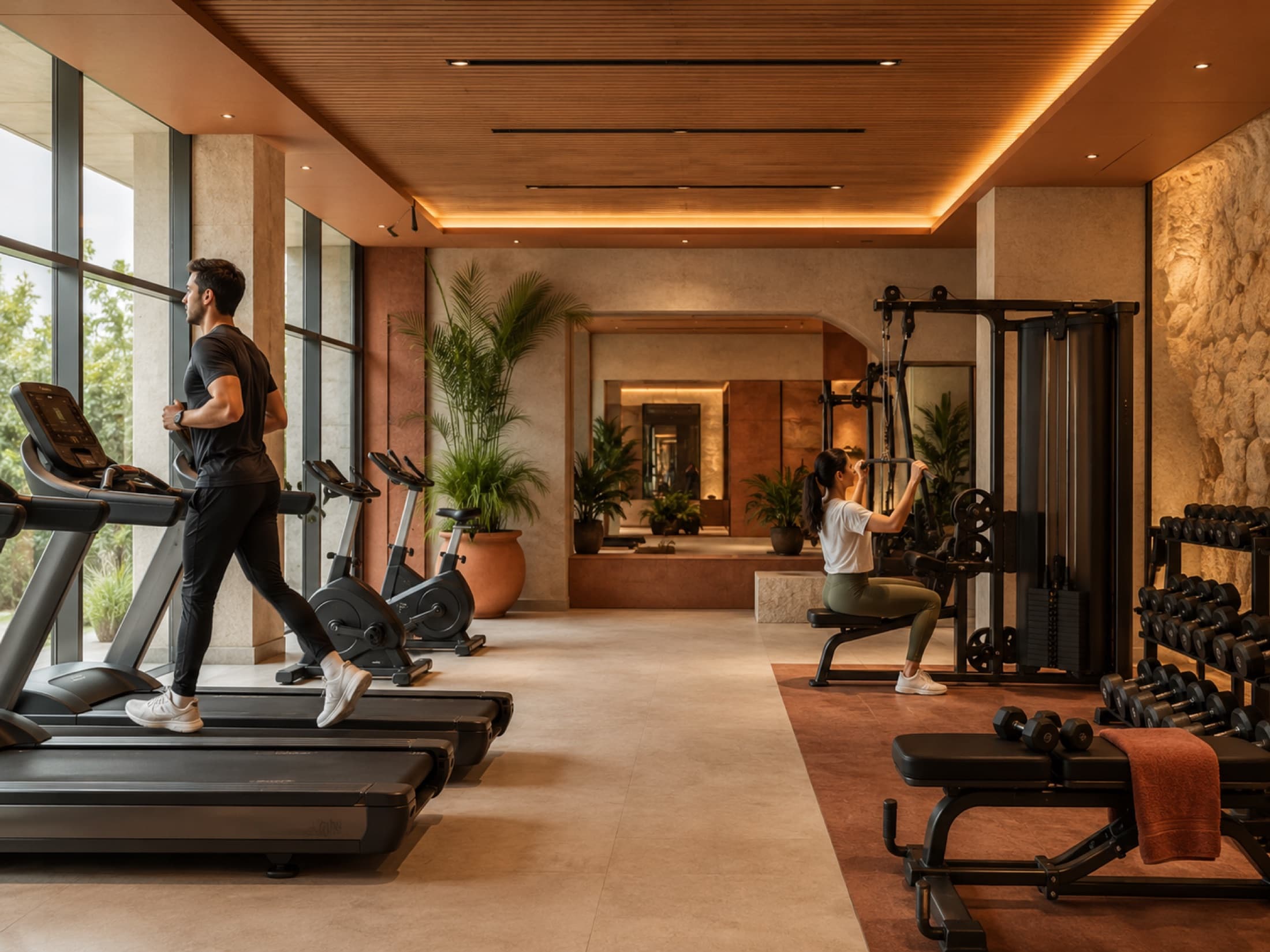 The residents' fitness suite in warm timber and stone