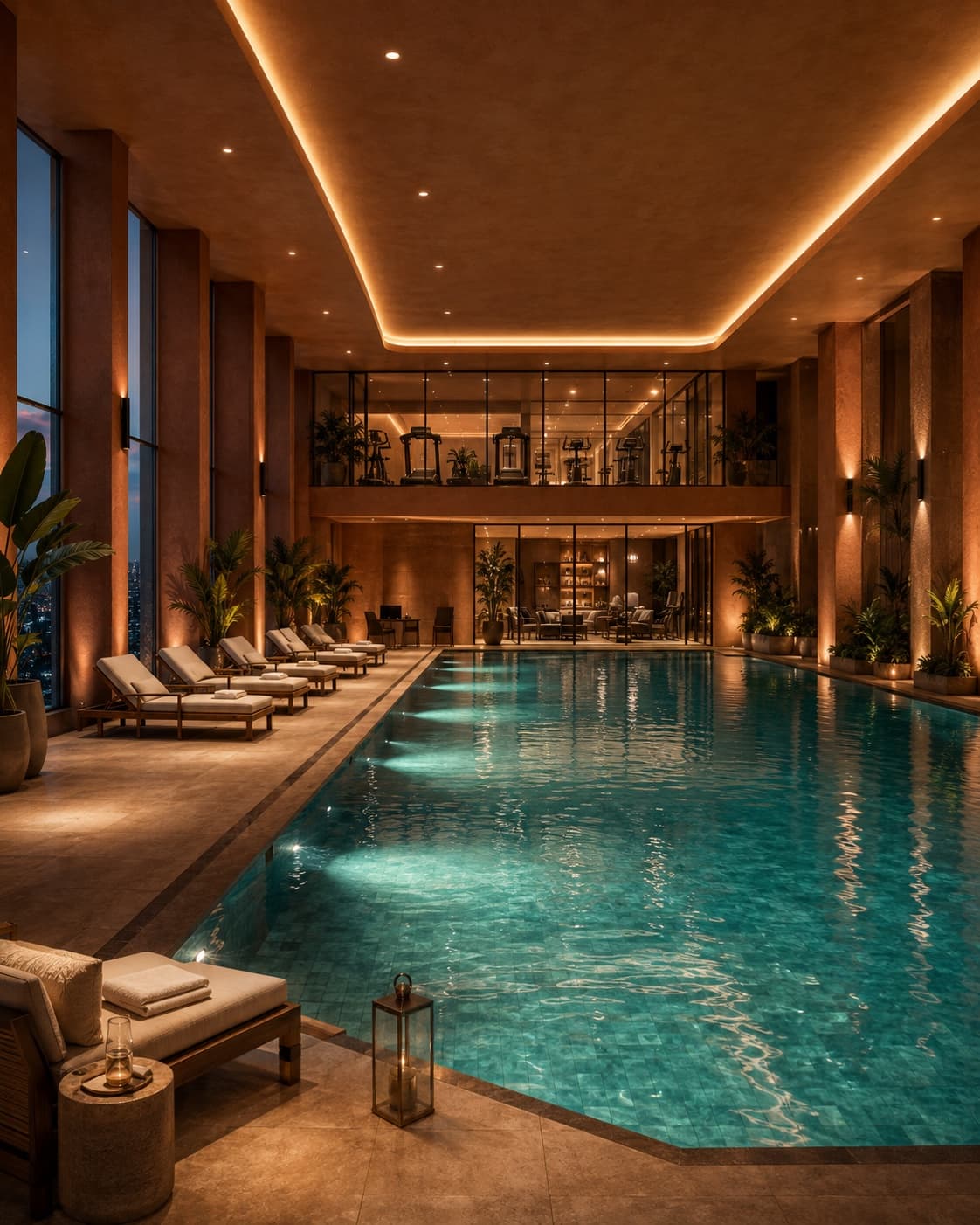 The indoor swimming pool at night, loungers along the water and the fitness gallery above