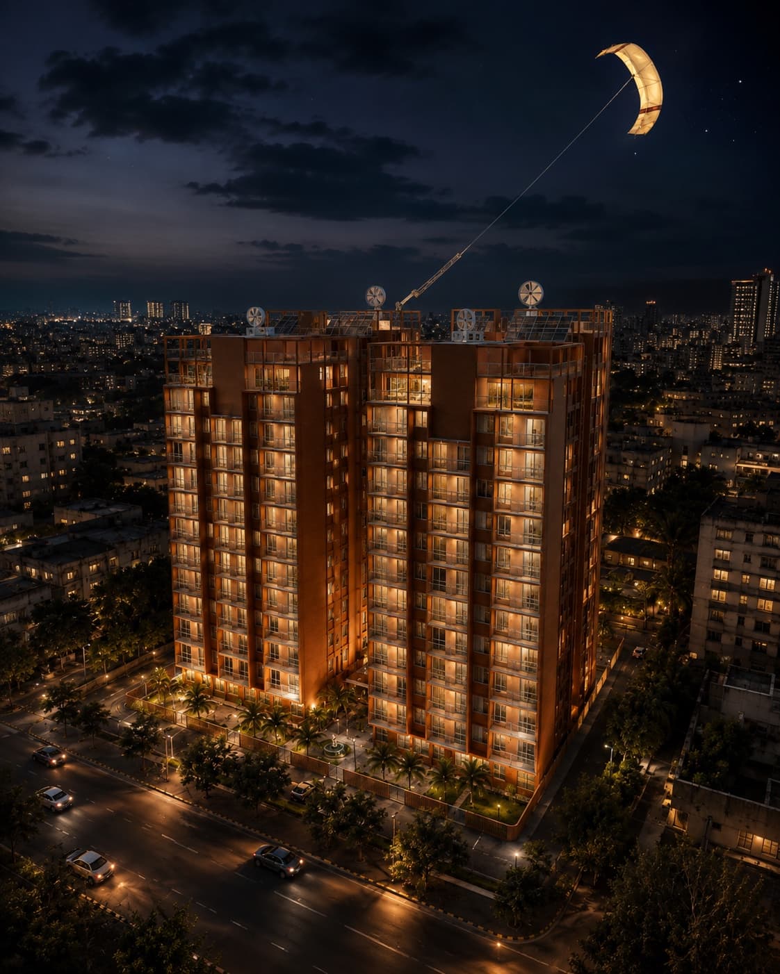 The two residential blocks illuminated at night beneath the kite energy line
