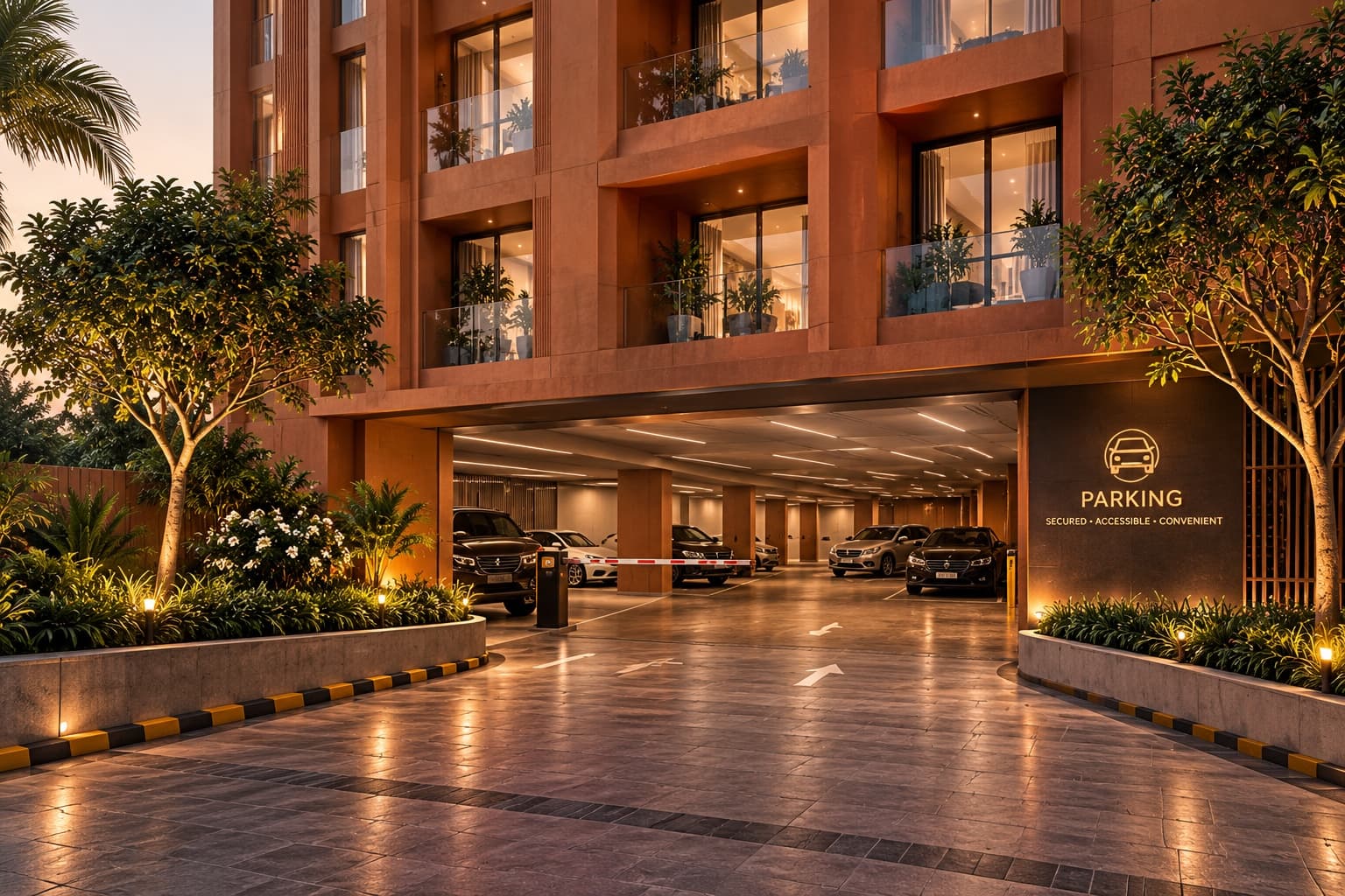 The covered resident parking level with its controlled entry
