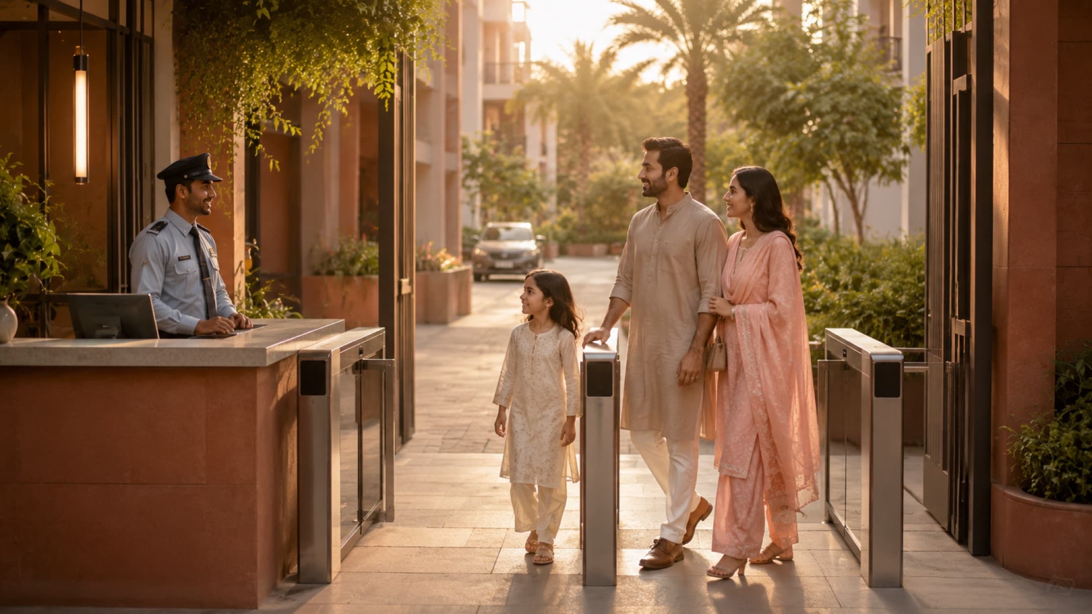 The staffed security gate welcoming a family through controlled access