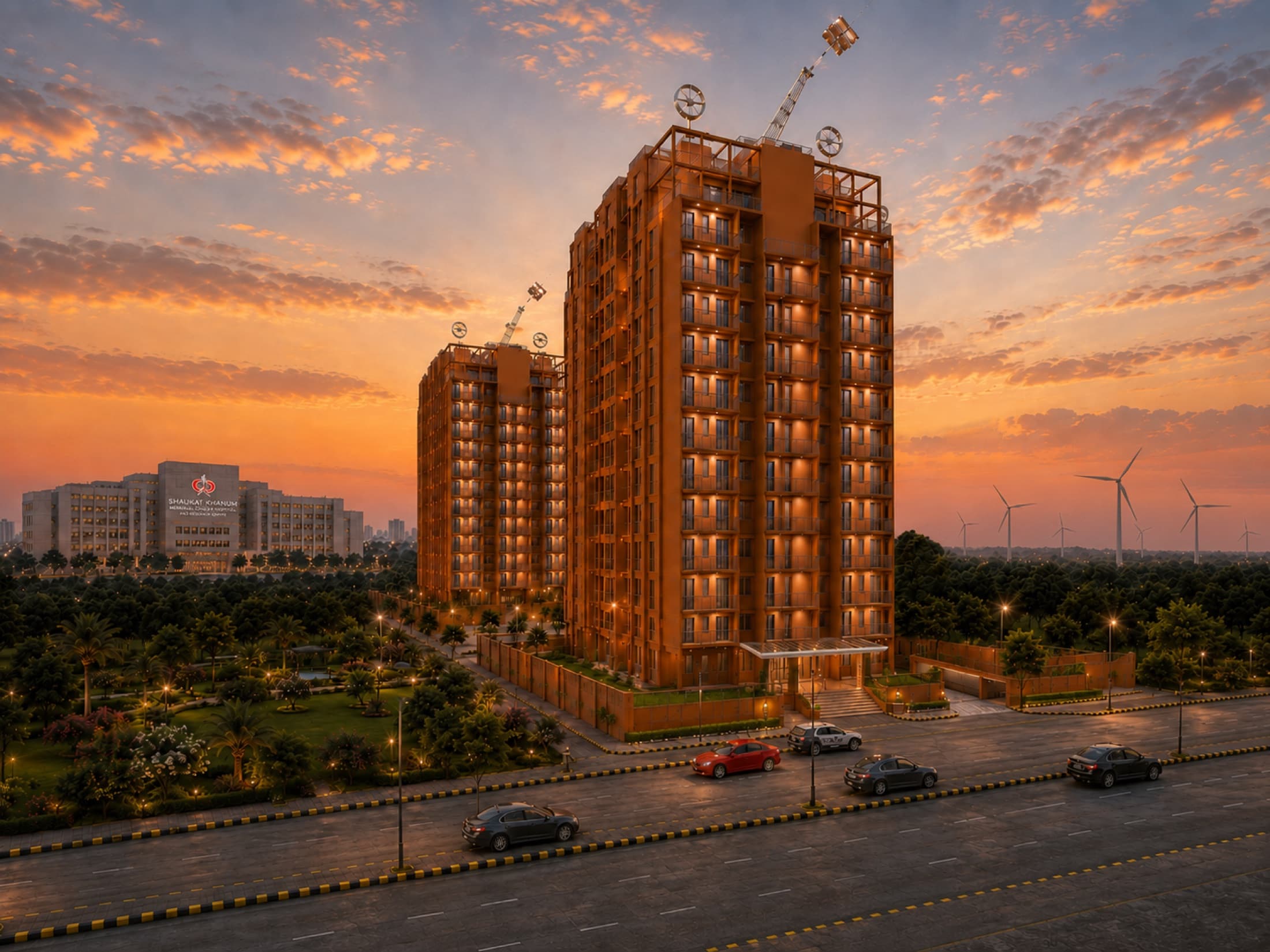 The development beneath the evening sky, Shaukat Khanum Hospital and wind turbines nearby, DHA City Karachi