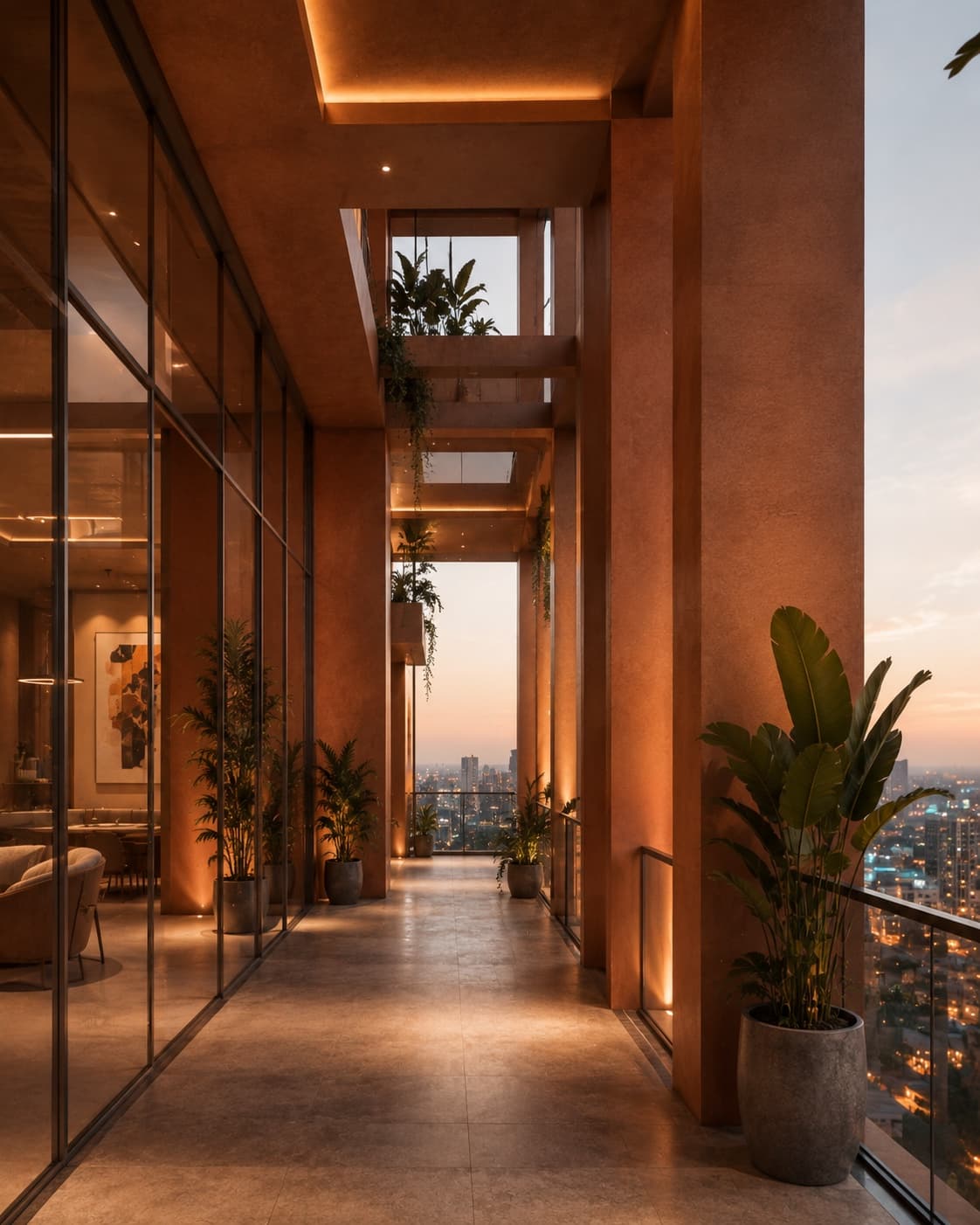 The double-height gallery walk at the top of the building, open to the city