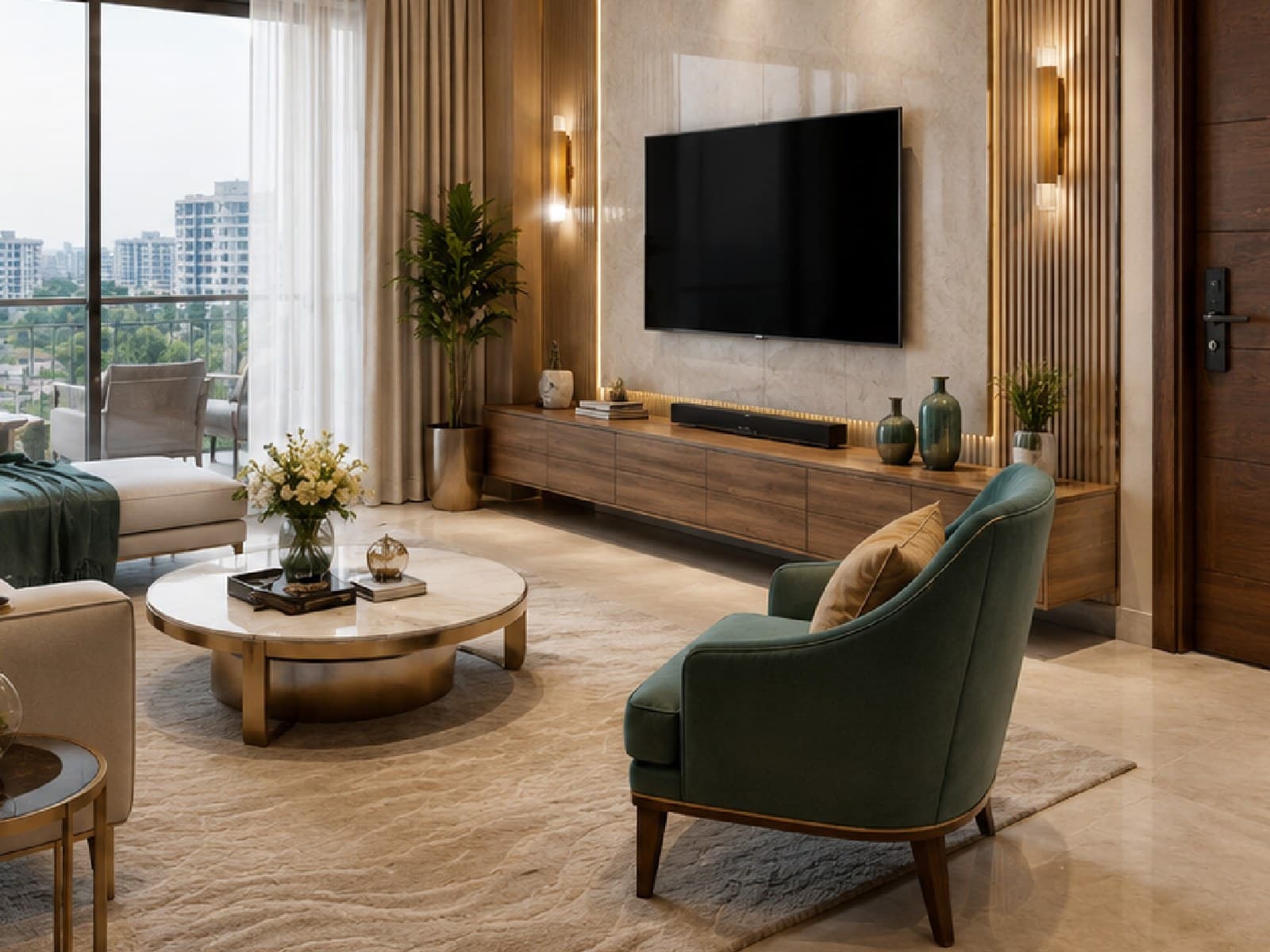An Elegant-category living room — feature lighting, panelled walls and the solid-wood entrance door