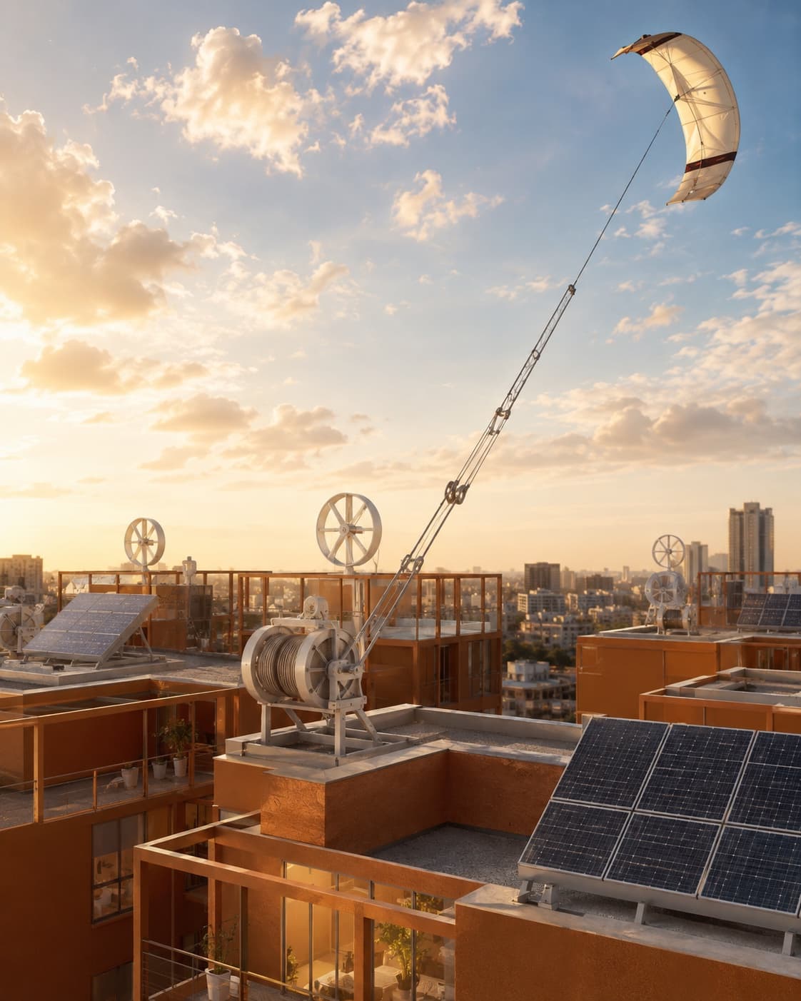 A close view of the rooftop kite winch, wind turbines and solar panels at work