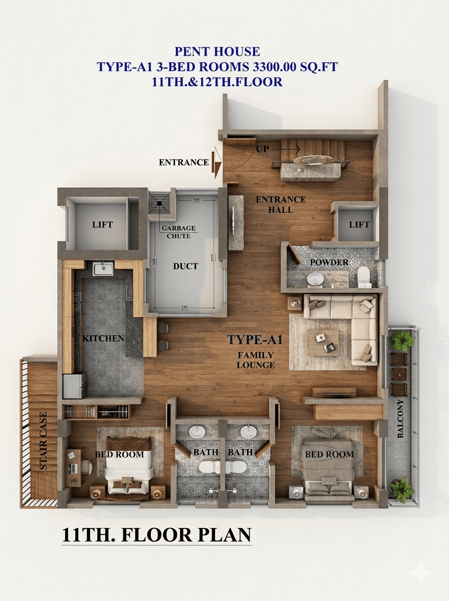 Eleventh floor plan of Foakh Wind Corridor Enclave — the lower level of the duplex penthouses