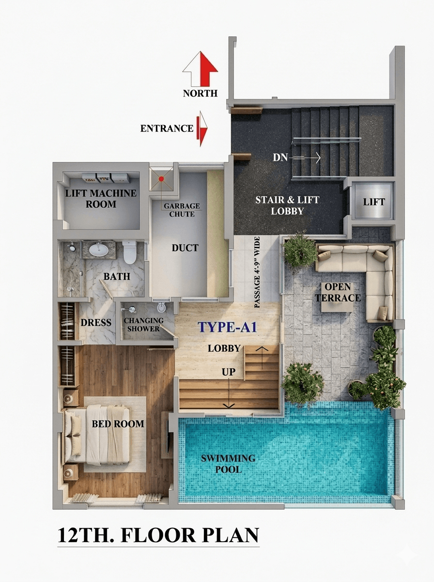 Twelfth floor plan of Foakh Wind Corridor Enclave — the upper level, with private swimming pools and open terraces