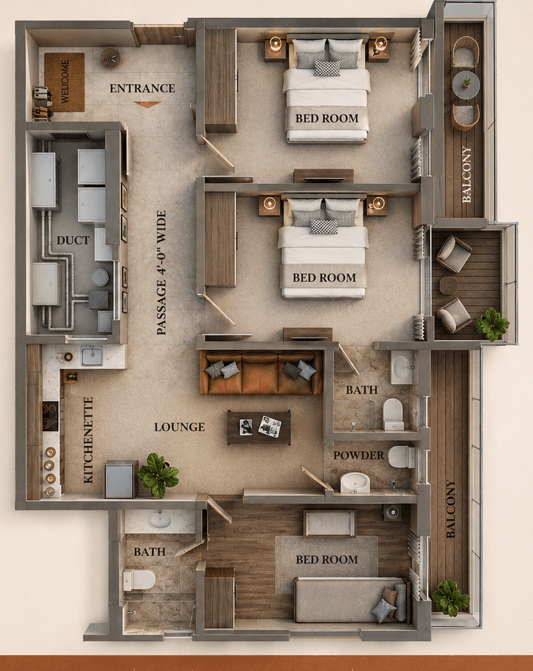 Type A floor plan — three bedrooms, two balconies, lounge and kitchenette