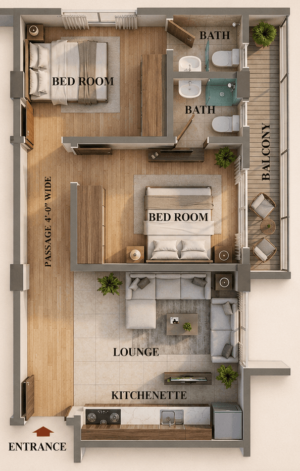 Type B floor plan — two bedrooms, balcony, lounge and kitchenette