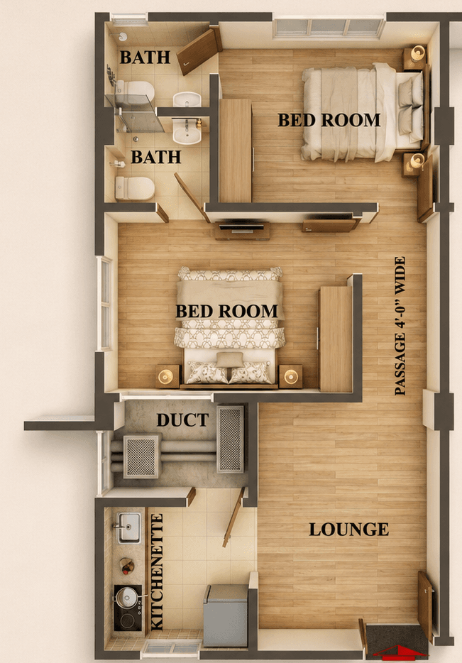Type C floor plan — two bedrooms, lounge and kitchenette