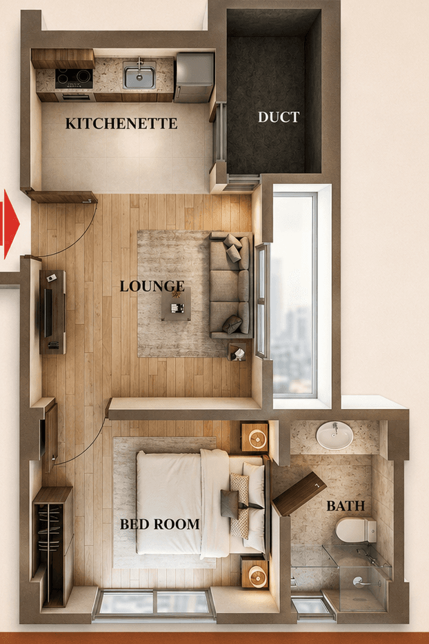 Type D floor plan — one bedroom, lounge and kitchenette