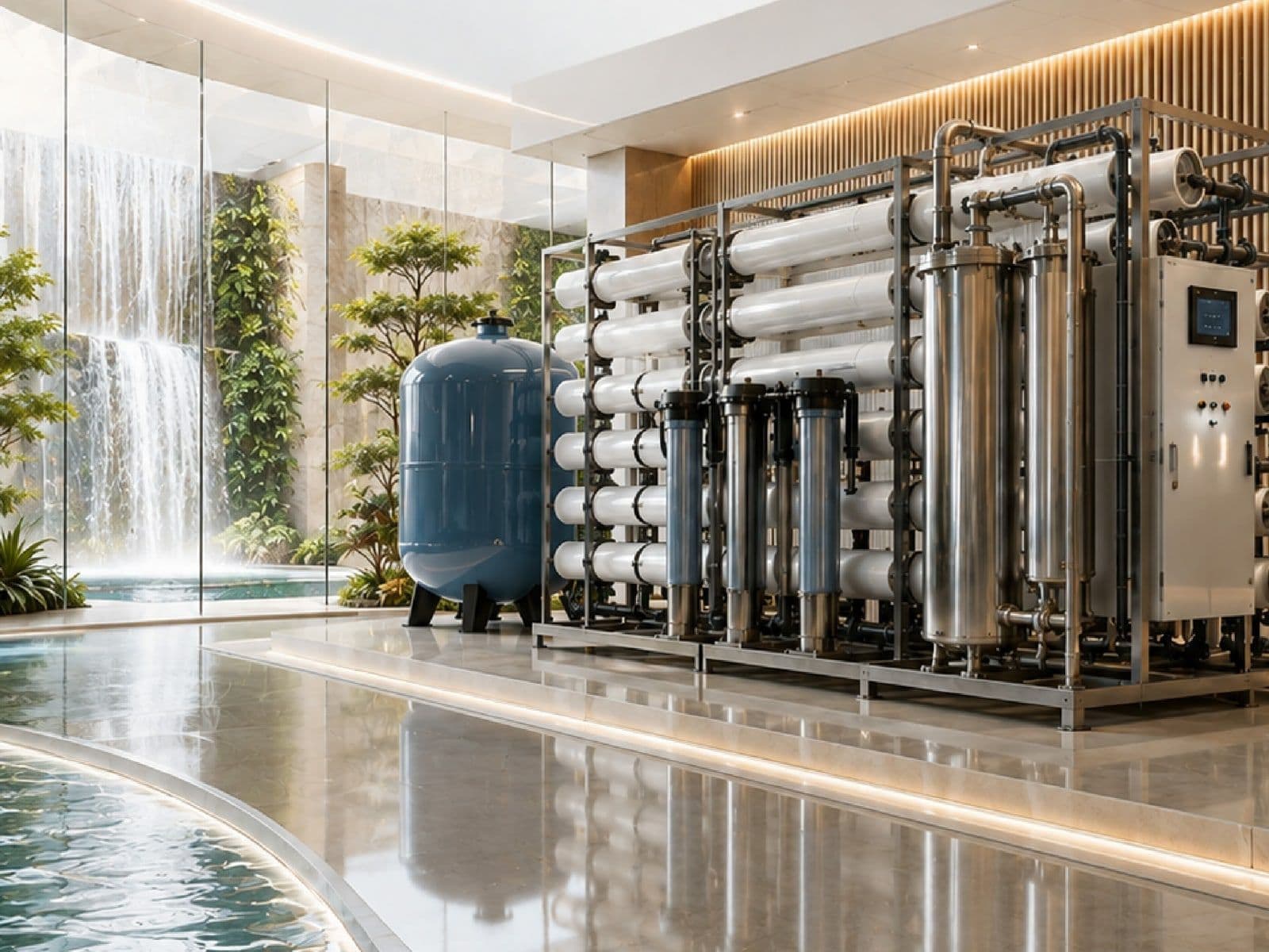 The reverse-osmosis desalination plant — membrane racks, pressure vessels and control panel