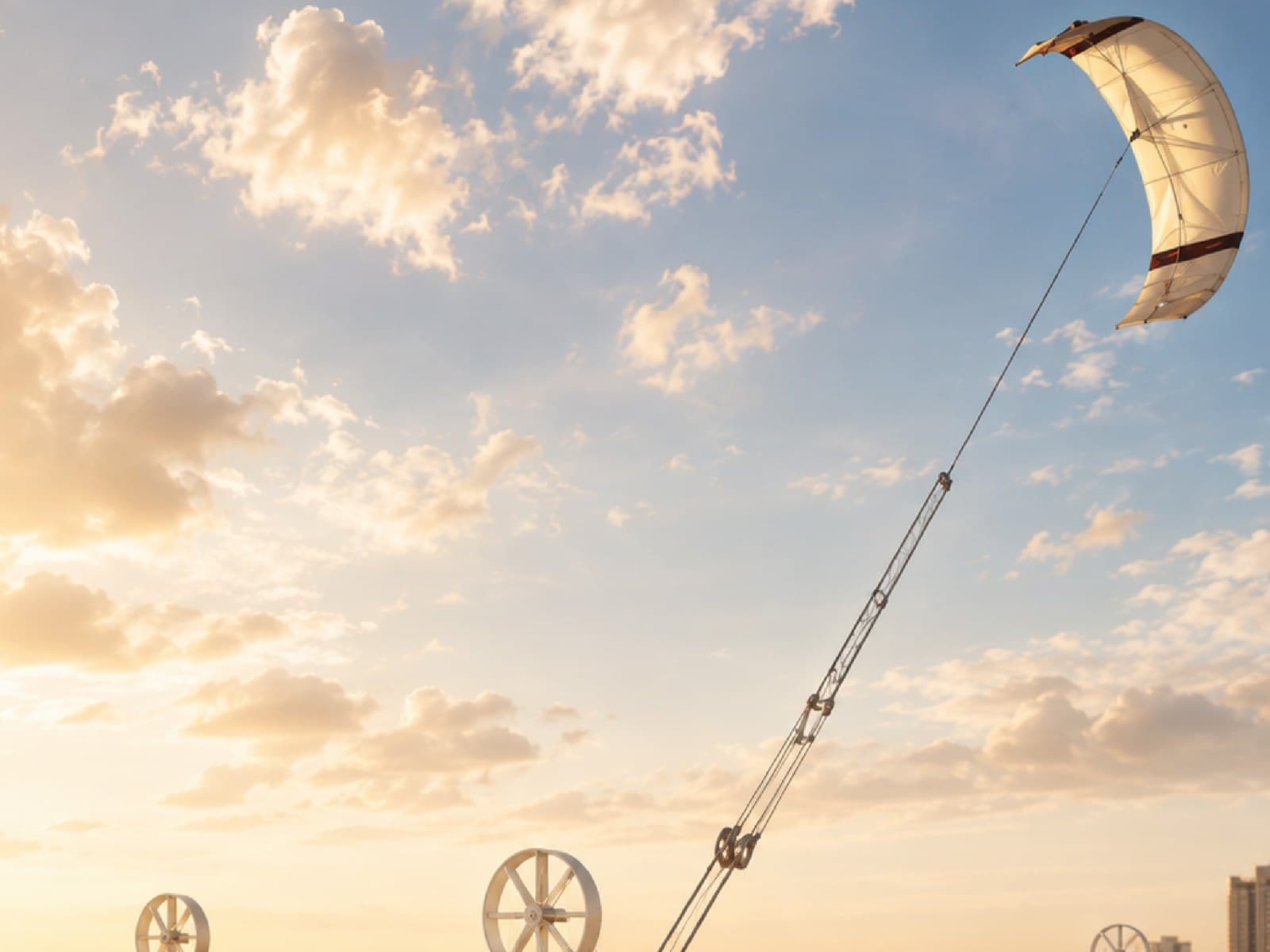 The tethered kite aloft on its line above the development's roof