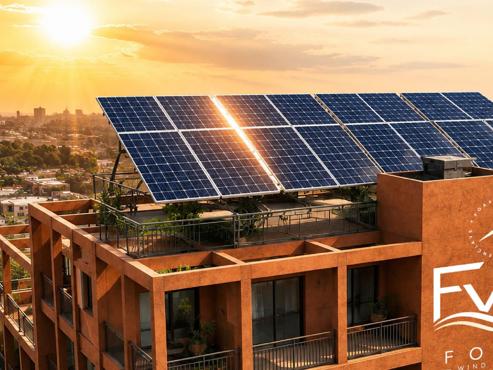 The photovoltaic array on the development's roof terrace catching first light