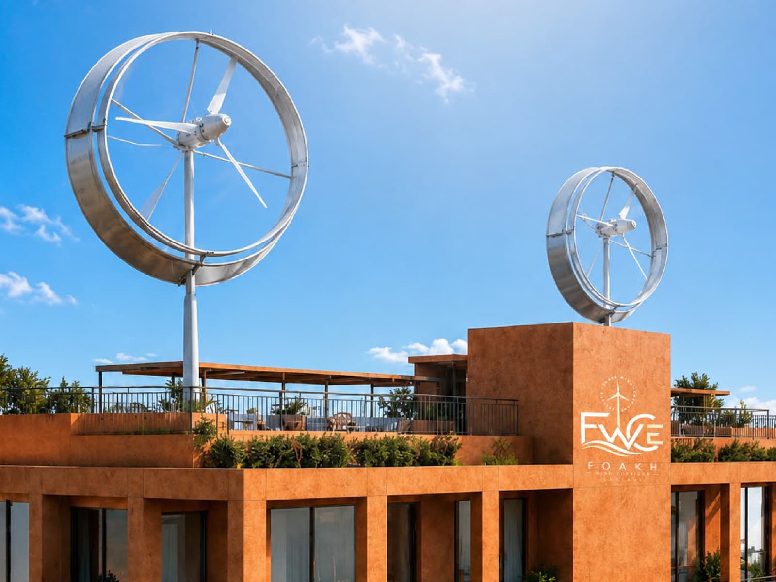 The ducted wind turbines standing on the development's own roof terrace